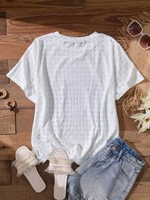 EMERY ROSE 大码女式夏季休闲度假乡村风圆领短袖纯色白色T恤上衣/假日、春假、度假、外出，2026新款，简约时尚，适合日常穿着，休闲度假波西米亚风上衣，适合夏季、度假、通勤、日常穿着 - 白色 - 查看 3