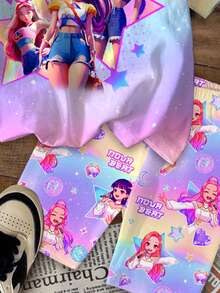 SHEIN 两件套彩色韩流女团字母星星印花休闲套装，渐变扎染卡通人物设计，适合音乐节、派对和日常穿着，夏季短袖上衣和短裤 - 彩色 - 查看 6