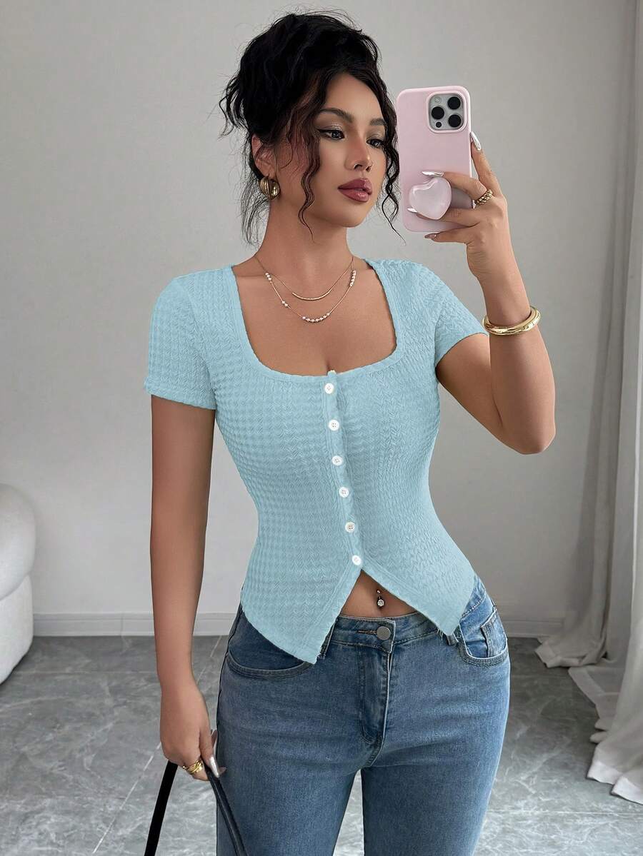 Selianne Women's Summer Square Neck Fitted T-Shirt, Knitted Crinkle Texture Fabric, Front Slit Hem Cardigan, Suitable For Casual, Party, Date, Vacation Wear Baby Blue Top Women Baby Blue Tops Women Tops Light Blue Top Sexy Top Fitted Tops Sexy Women Tops Clothes For Ladies - Blue - View 1