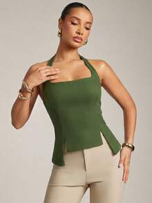 Hauture Women's Scoop Sexy Neck Office Casual Fitted Stretch Top With Adjustable Back Tie - Army Green - View 3