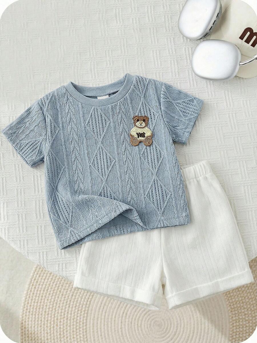 SHEIN 2件套男婴夏季可爱条纹卡通熊印花短袖T恤和松紧腰卡其色短裤套装 - 彩色 - 查看 1