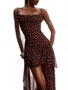 LYSMO Women's Spring/Summer Plunging Neck Spaghetti Strap Brown Polka Dot Visual Leg Revealing Design Dress - Brown - View 4