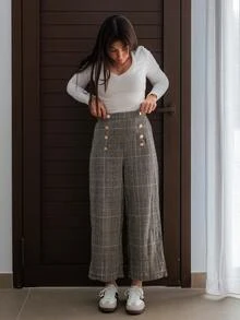 Hitanina Plaid Print Button Detail Wide Leg Pants - Black and White - View 5