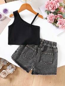 SHEIN 2 Pieces Set: Young Girl Solid Color Knit Spaghetti Strap Tank Top And Denim Shorts,College Style, Back To School.School Daily. - Black - View 2