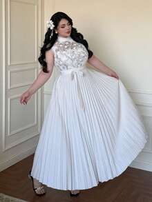 Vibekara Plus Size Square Neck Ruffle Sleeve 3D Lace Pleated Dress, Elegant Vintage Style, Suitable For Weddings, Vacations, Midi Length Pale Peach Dress For Women - Apricot - View 5