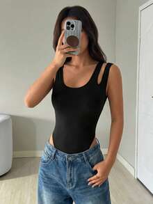 SHEIN EZwear Áo liền thân không tay, cổ chữ U, khoét vai, xẻ tà cao, phong cách tối giản thường ngày dành cho nữ, thích hợp cho mùa hè. - màu đen - Xem 4