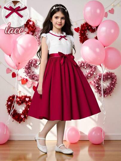 这款甜美淑女连衣裙适合青少年女孩通勤穿着，采用蝴蝶结领、蕾丝边、短袖、缎带腰身和珍珠下摆设计，长度及膝，适合夏季日常、上学、外出、度假、圣诞节、情人节、新年等各种场合，尽显优雅气质。