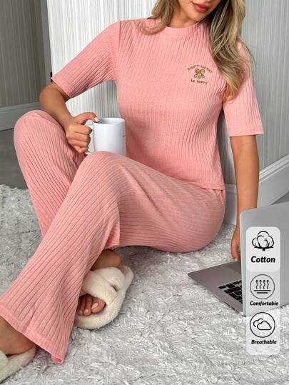 EURMUSE 100 % bomull, sött bokstavsbroderat ribbstickat loungeset