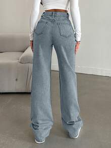 EURMUSE 100%Cotton Straight Leg Jeans Snow Wash - Baby Blue - View 2
