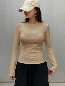 DAZY 女士休闲纯色保暖基础款T恤，秋冬长袖女式上衣，保暖内衬 - 灰色 - 查看 2