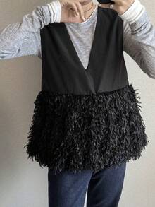 FRIFUL Áo tank top nữ màu đen không tay, phối vải lông xù, thiết kế xếp ly, dáng rộng thoải mái, đa năng, thích hợp mặc nhiều lớp vào mùa thu. - màu đen - Xem 4