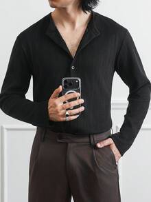 HUEFORM 男士黑色针织弹力拼接T恤，基础款，百搭各种裤装，适合日常穿着。男士针织衬衫商务休闲上衣 - 黑色 - 查看 1