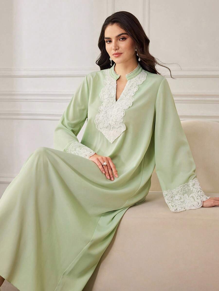 Al Najma Đầm Abaya nữ cổ đứng phối ren, dáng rộng, thoải mái, mặc hàng ngày. - màu xanh lá - Xem 1