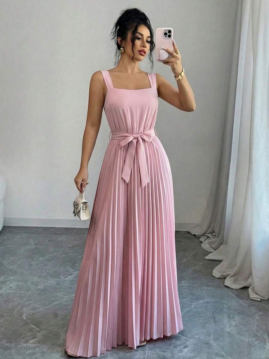 Elenzga 女士优雅褶皱吊带连衣裙 - 粉色 - 查看 1