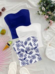 Soleia Bộ 3 áo hai dây crop top nữ phong cách bohemian thanh lịch cổ điển in họa tiết hoa lá, thích hợp cho mùa xuân/hè. - Nhiều màu - Xem 5