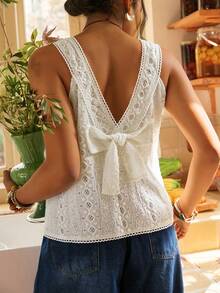 Freevana 波西米亚复古镂空钩编背心，奶油白色露背蝴蝶结无袖上衣，夏季宽松休闲小众设计上衣 - 杏色 - 查看 2