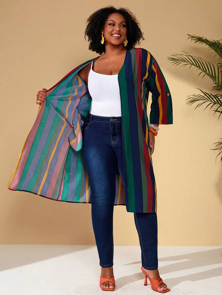 Plus Size Women's Summer Casual Vacation Colorful Striped Roll-Up Sleeve Casual Loose Jacket With Pocket,/Summer,Summer Holiday,Spring Break Outfits ,Vacation Outfits Women ,Holiday Outfits For Women,Going Out Outfits,2026 New Clothes,Simple And Fashionable For Everyday Wear,Suitable For Summer, Vacation, Commute, Daily Wear,Lightweight Vacation Coat