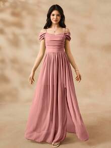 女童绿色雪纺独特吊带连衣裙，优雅开衩度假裙，适合夏季海滩穿着 - 粉色 - 查看 3