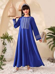 Tween Girl Vacation Embroidered Round Neck Loose Casual Dress - Royal Blue - View 7