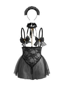 Fantasy Costume Fantasy Costume 大码蕾丝蝴蝶结内衣套装，2件套 - 黑色 - 查看 8