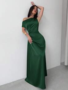 Firerie 女士绿色优雅不对称肩部褶皱鱼尾连衣裙，适合约会、度假、婚礼、活动、返校、毕业典礼、正式伴娘礼服 - 墨綠色 - 查看 7