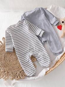 2pcs Newborn Solid Color & Striped Romper - Multicolor - View 2