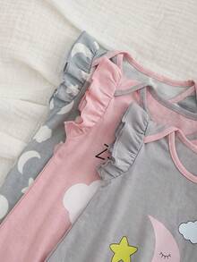 SHEIN 3件套新生女宝宝夏季可爱卡通图案针织连体衣套装，可爱云朵、星星、月亮印花，新生儿休闲短袖连体衣 - 彩色 - 查看 5