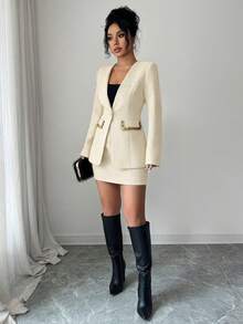 Elenzga 2025秋冬新款女士时尚优雅亮片装饰红色粗花呢套装两件套 - 杏色 - 查看 3
