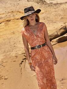 MOTF STUDIO WOMEN'S FLORAL PRINT RUFFLE SLEEVE BELTED MID-LENGTH DRESS