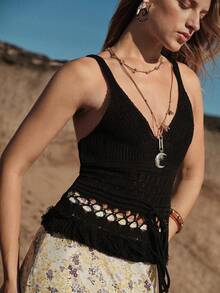 MOTF STUDIO WOMEN'S CROCHET LACE FRINGE KNIT TANK TOP, SPRING/SUMMER - Black - View 2