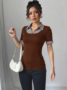 Selianne Áo thun nữ kiểu thể thao, phối họa tiết kẻ caro, cổ Peter Pan, có bèo nhún. - Màu nâu  Mocha - Xem 3