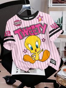 LOONEY TUNES X SHEIN Women's Casual Striped Cartoon Pattern Round Neck Short Sleeve T-Shirt, Summer - White - View 1