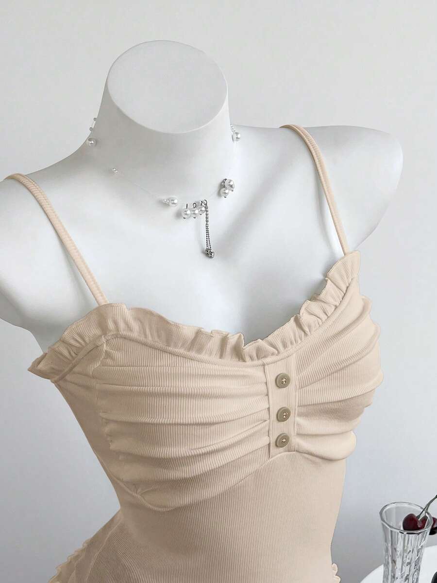 Elamini 女士休闲吊带背心，饰有荷叶边和前褶 - 杏色 - 查看 1