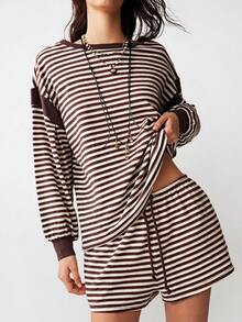 Bohemela 2pcs Women Casual Striped Knit Top & Loose Shorts Set - Brown - View 2