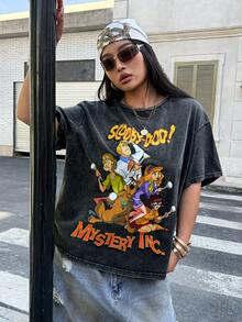 SCOOBY-DOO X SHEIN 大码字母与人物图案圆领短袖T恤 - 黑色 - 查看 3
