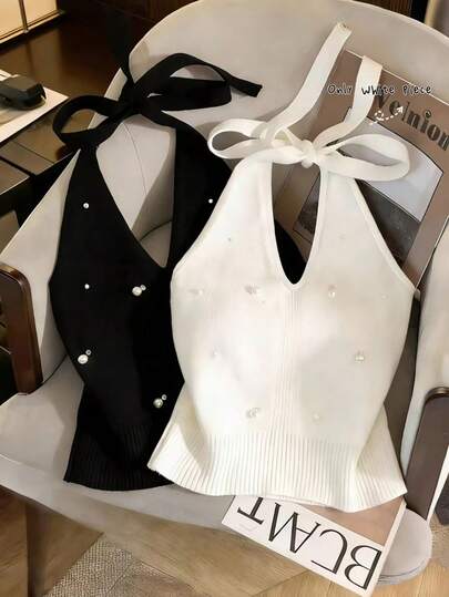 GlowEve Women's Solid Color Faux Pearl Decor Fashion Halter Neck Tank Top
