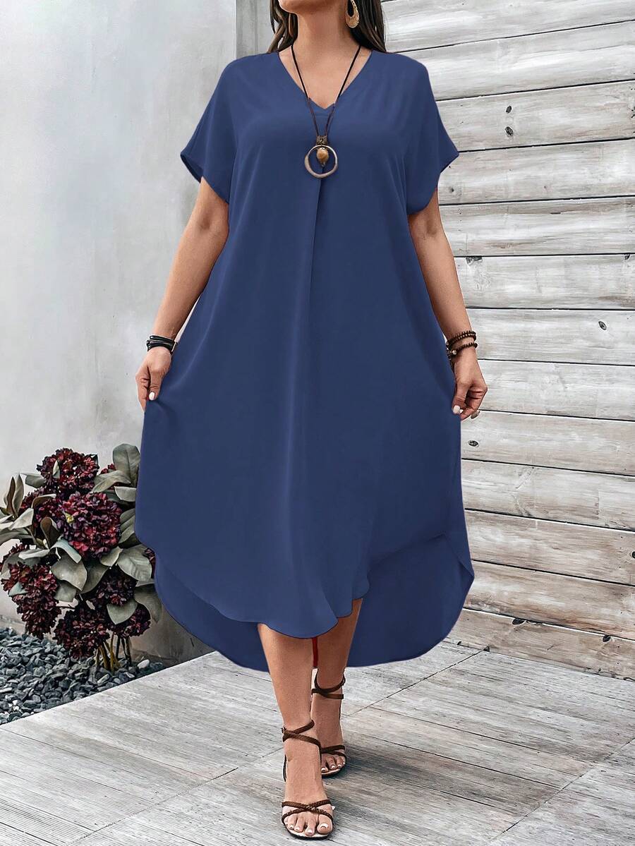EMERY ROSE Rochie de seară minimalistă cu decolteu în V, cu mânecă scurtă, mărime plus, culoare solidă, stil casual, ținută de zi cu zi - Albastru - Vizualizare 1