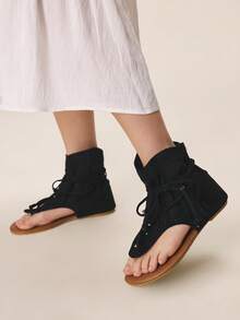 Styleloop 女士编织绳坡跟凉鞋，度假风波西米亚复古美式西部音乐节派对厚底鞋 - 黑棕 - 查看 5