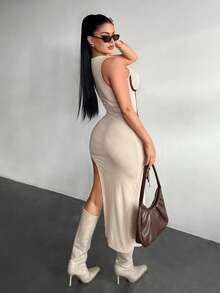 SHEIN SXY Women's Round Neck Sleeveless Fitted Mid-Length Dress With Side Slit Hem - Multicolor - View 2