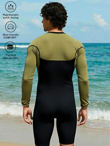 Manfinity Swimmode Men's Contrast Color Long Sleeve Casual Zipper Beach Jumpsuit Swimsuit