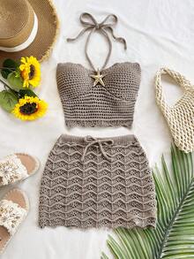 Soleia 2pcs Vacation Sexy Halter Backless Camisole & Mini Skirt Set, Suitable For Music Festival, Bohemian, Holiday, Date, Afternoon Tea, Crochet, Linen, - Khaki - View 3