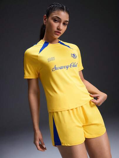  Powerista Women's Printed Short Sleeve Fitted Soccer Jersey Football Game Suit T-Shirt College Style  3D-Printed Color Block Graphic Pattern  College Style Spring/Summer Casual Graphic Yellow Short Sleeve Football Jersey Style T-Shirt Sports Tee