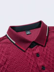 Manfinity Homme Men's Casual Textured Jacquard Ribbed Short Sleeve Polo Shirt, Summer Men Buttoned Knitted Polo - Burgundy - View 7
