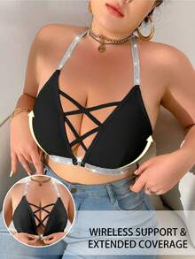 1pc Front Button Closure Plus Size Wireless Bra - Black - View 6