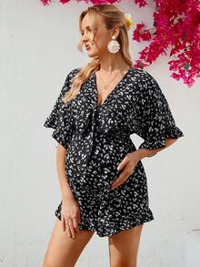 SHEIN 孕妇度假打结短袖休闲碎花连体裤 - 黑與白 - 查看 4