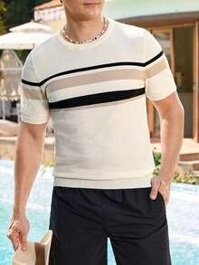 Manfinity Homme Men's Crew Neck Short Sleeve Solid Color Patchwork Casual Knit Top - White - View 4