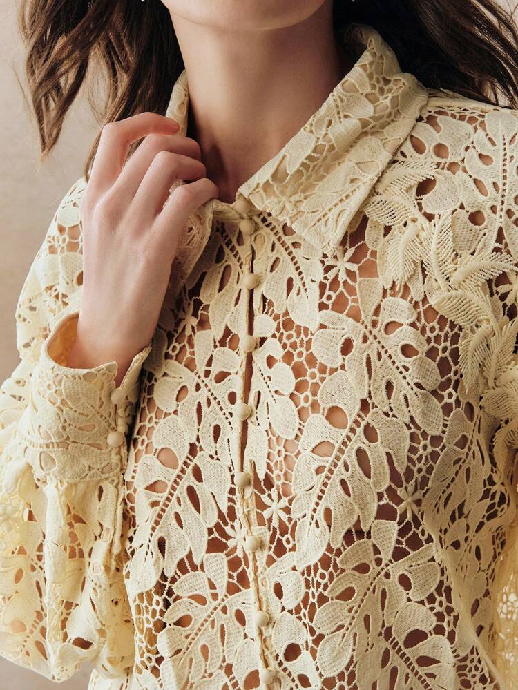 High Quality Fashion Standard Size Women's New French Romantic Lace Blouse Jacket, Oversized Lapel Leaf Floral Hollow Out Loose Asymmetric Hem Ladies Long Sleeve Coat