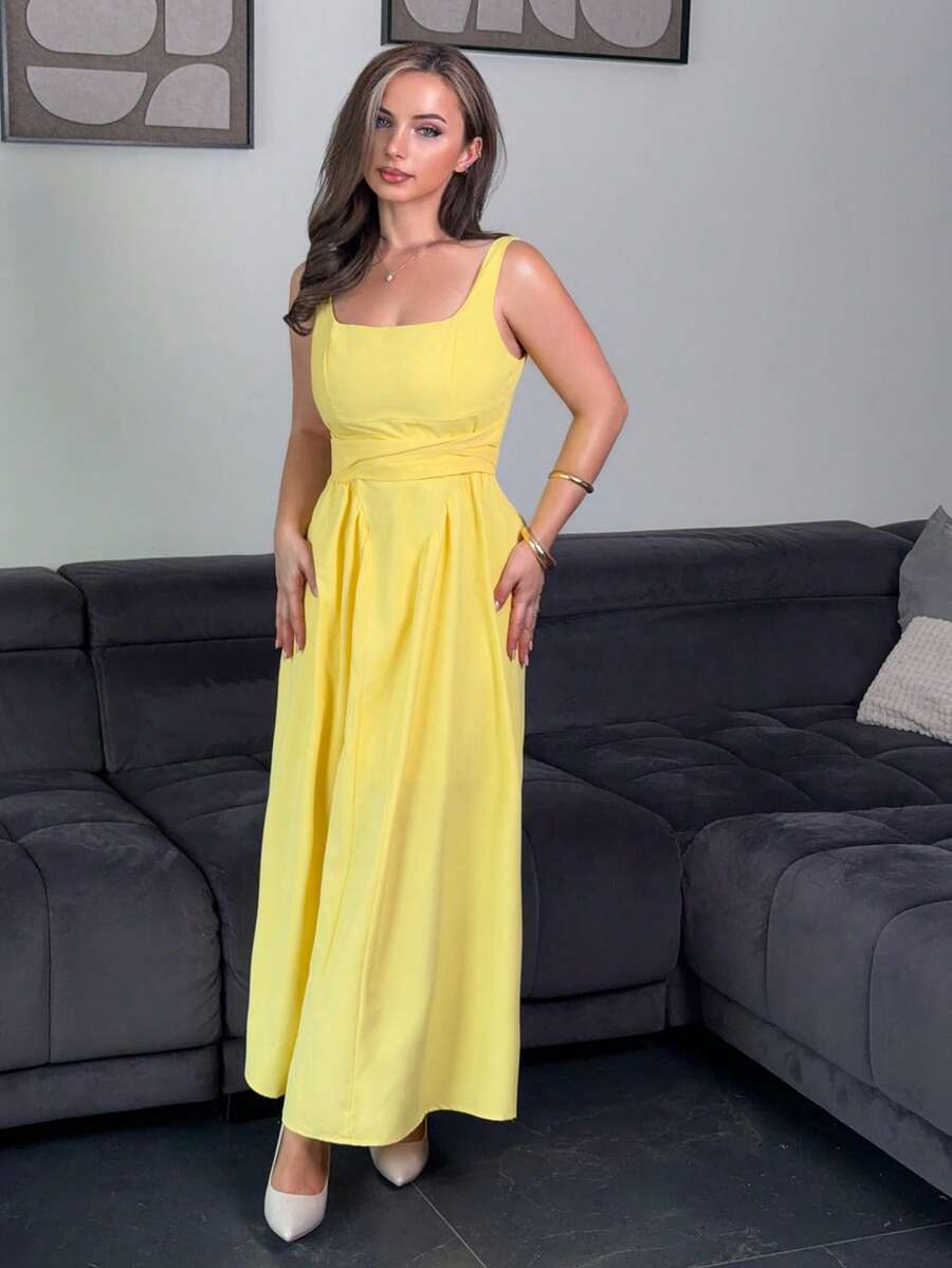 Jeta Ari 女士白色露背蝴蝶结长裙，春季白色连衣裙，毕业礼服 - 黃色 - 查看 1