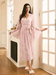 SHEIN 女士蕾丝长袖睡袍和吊带连衣裙优雅睡衣套装 - 粉色 - 查看 6