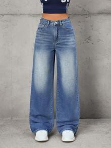 SHEIN Tall Women's Fashion Casual Retro Versatile Loose Straight Leg Pants - Dark Wash - View 1